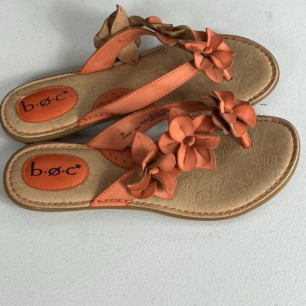 B.O.C. Born Womens Thong Sandals 8M Orange Vegan Leather Flower Flip Flop Slide
